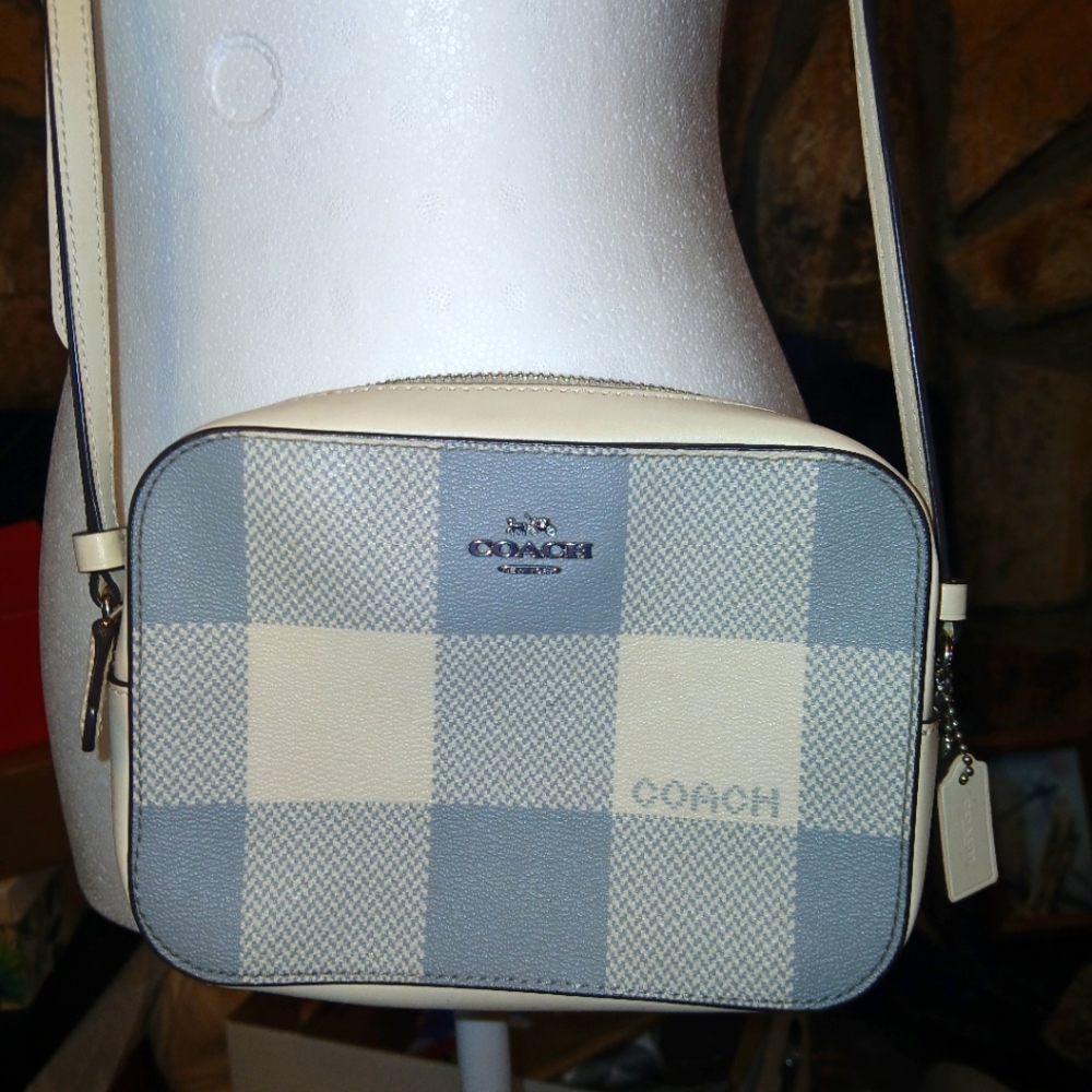 Coach Blue and Cream Checkered Women's Camera Bag Like New - Picture 2 of 14